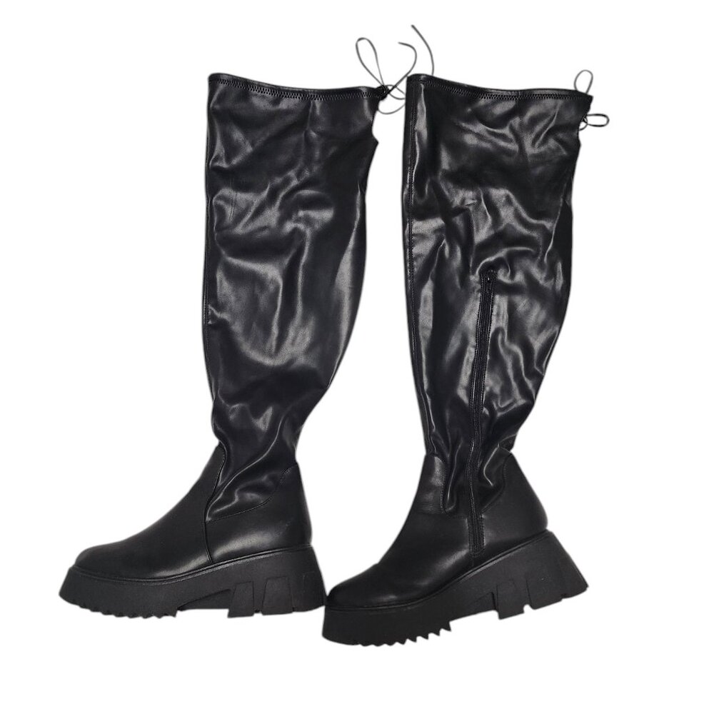 Fashion to Figure Women’s Black Faux Leather Over-the-Knee Platform Boots Size 9